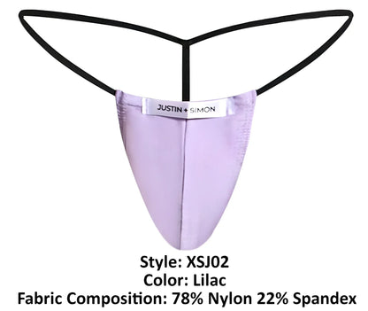 Lilac justin simon classic g-string with black elastic straps made of nylon-spandex blend fabric shown from the back