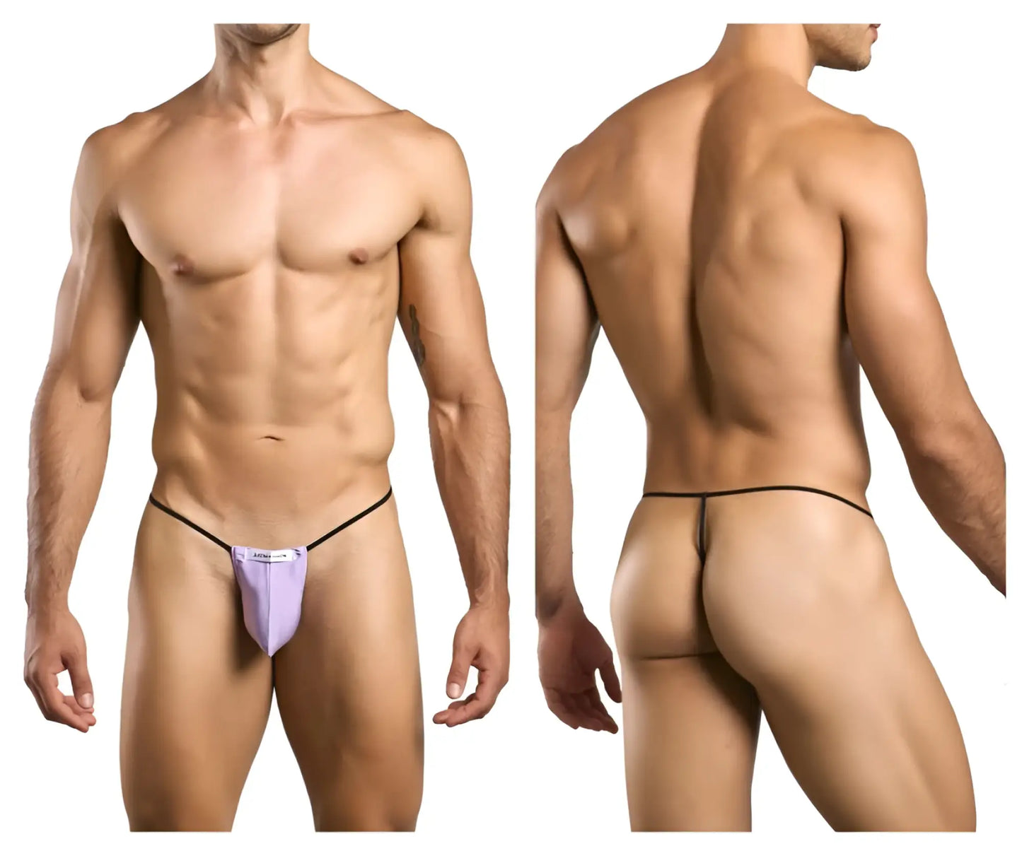 Lavender-colored thong with black trim and a small white label at the front from justin+simon xsj02 classic g-string collection