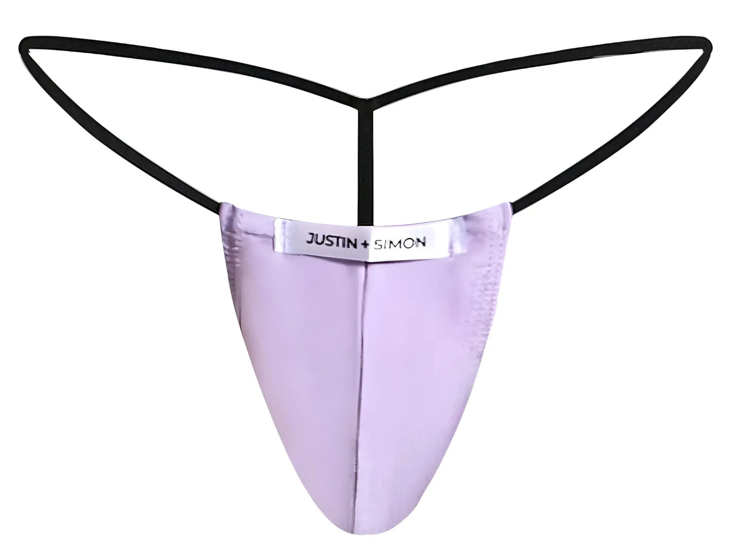 Lavender satin thong with black elastic straps and justin plus simon label classic g-string color lilac XSJ02 model