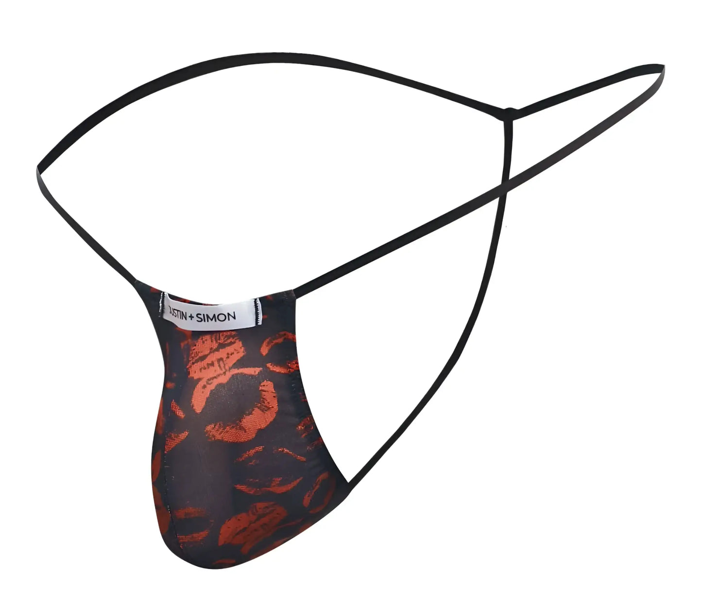 Black thong g-string with orange lipstick print and thin straps by justin + simon classic lips design