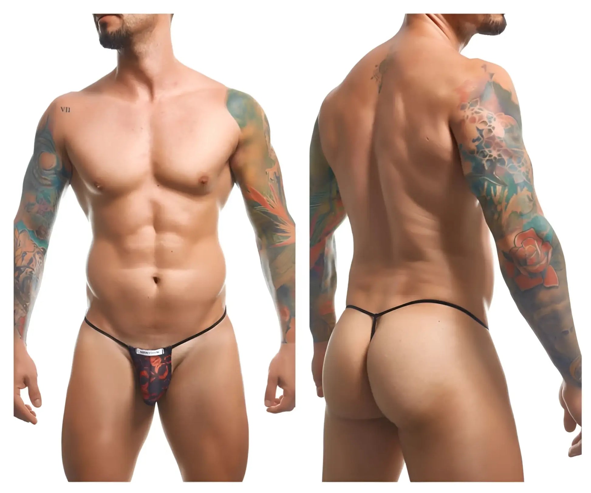Justin simon xsj02 classic g-string black thong with vibrant red and blue floral pattern on front