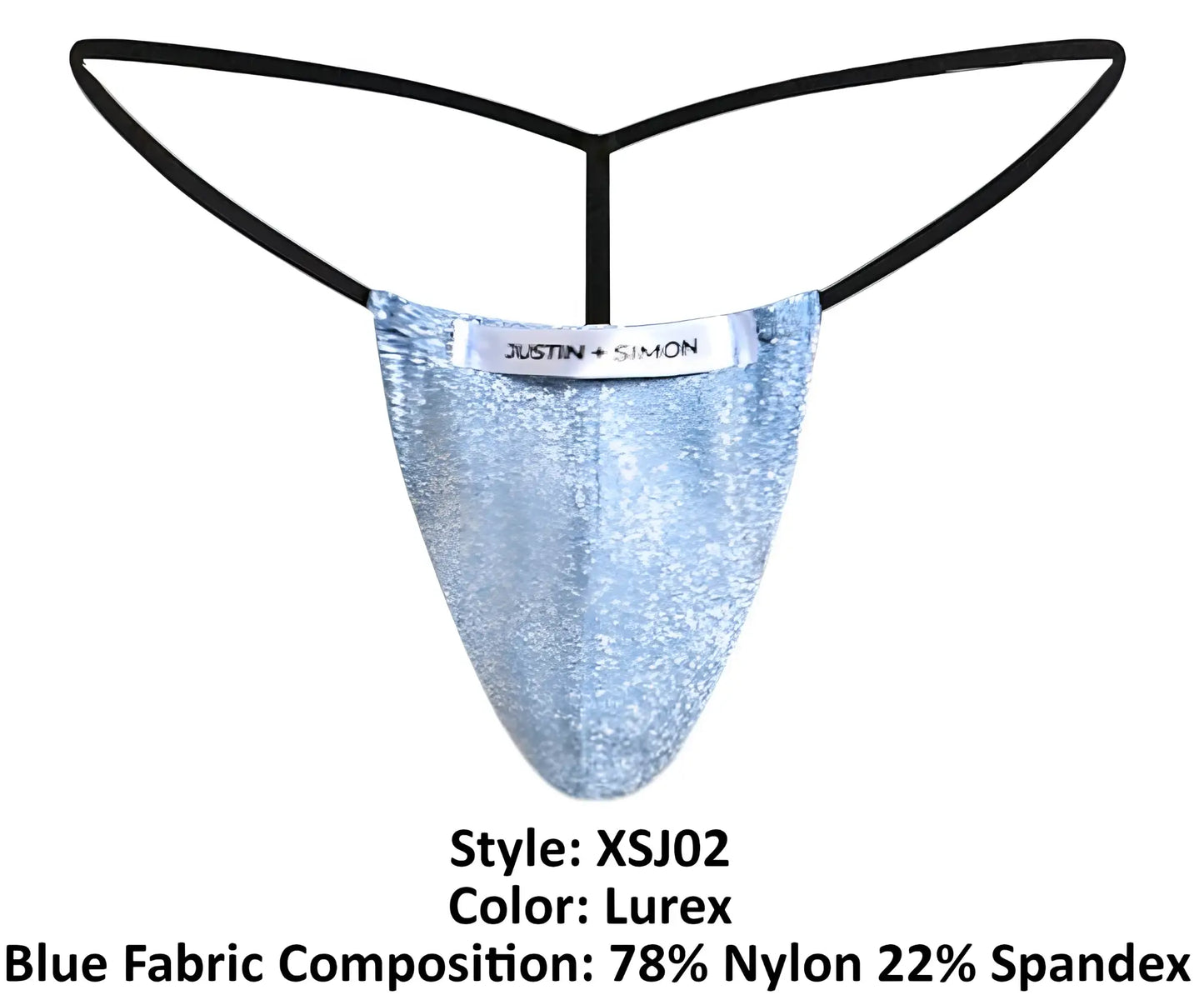 Light blue glittery lurex fabric thong with black elastic straps and justin simon label from justin simon XSJ02 classic g-string collection