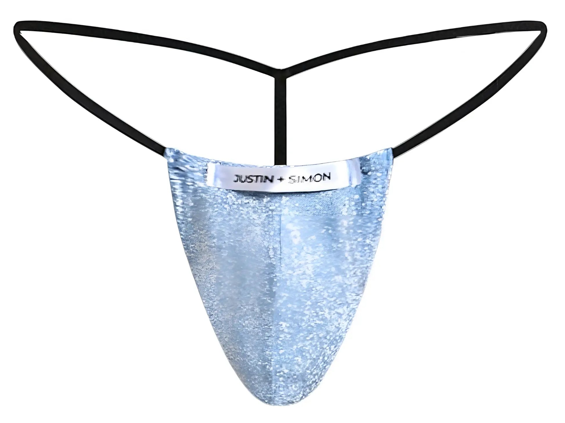 Light blue sequined lurex g-string thong with black elastic straps and justin simon brand label front view
