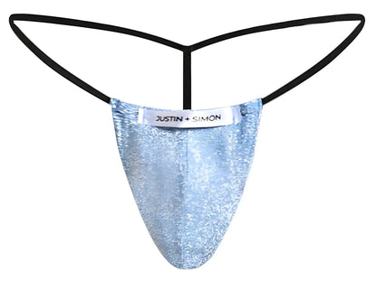 Light blue sequined lurex g-string thong with black elastic straps and justin simon brand label front view