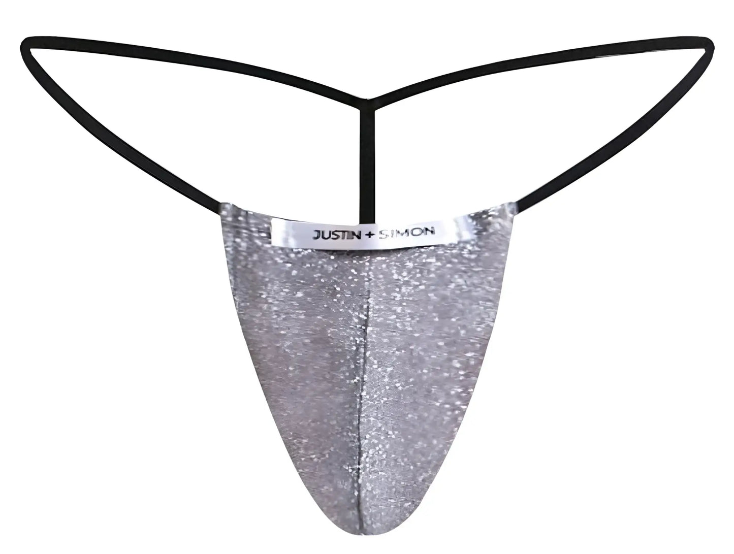 Silver glittery thong with black elastic straps and justin simon label in lurex gray classic g string product image