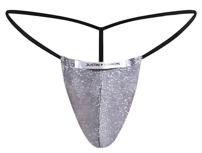 Silver glittery thong with black elastic straps and justin simon label in lurex gray classic g string product image