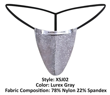 Silver glittery lurex gray thong from justin simon style xsj02 classic g-string showing front view