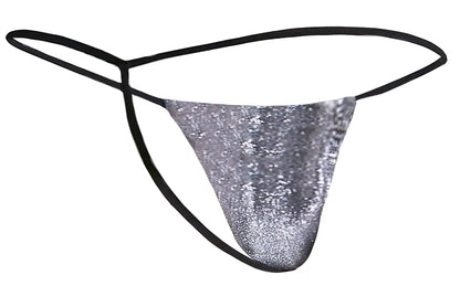 Justin simon xsj02 classic g-string in lurex gray silver sequined thong with black elastic straps visible from the back
