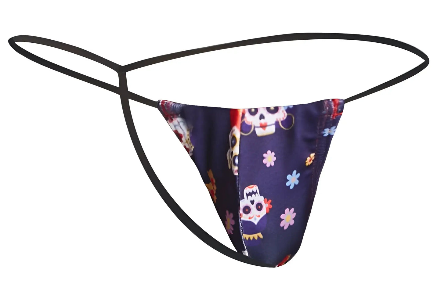 Dark blue satin thong justin simon xsj02 classic g-string with vibrant sugar skull and floral pattern with black straps