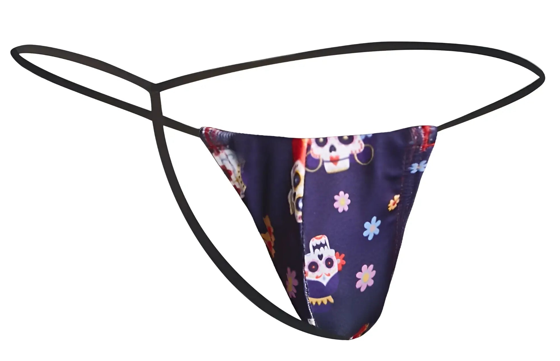 Dark blue satin thong justin simon xsj02 classic g-string with vibrant sugar skull and floral pattern with black straps
