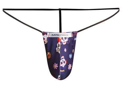Dark blue justin+simon xsj02 classic g-string with colorful sugar skull floral pattern and black elastic straps