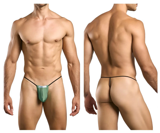 Green mesh thong with black elastic waistband and leg straps from justin+simon classic g-string xsj02 color new green