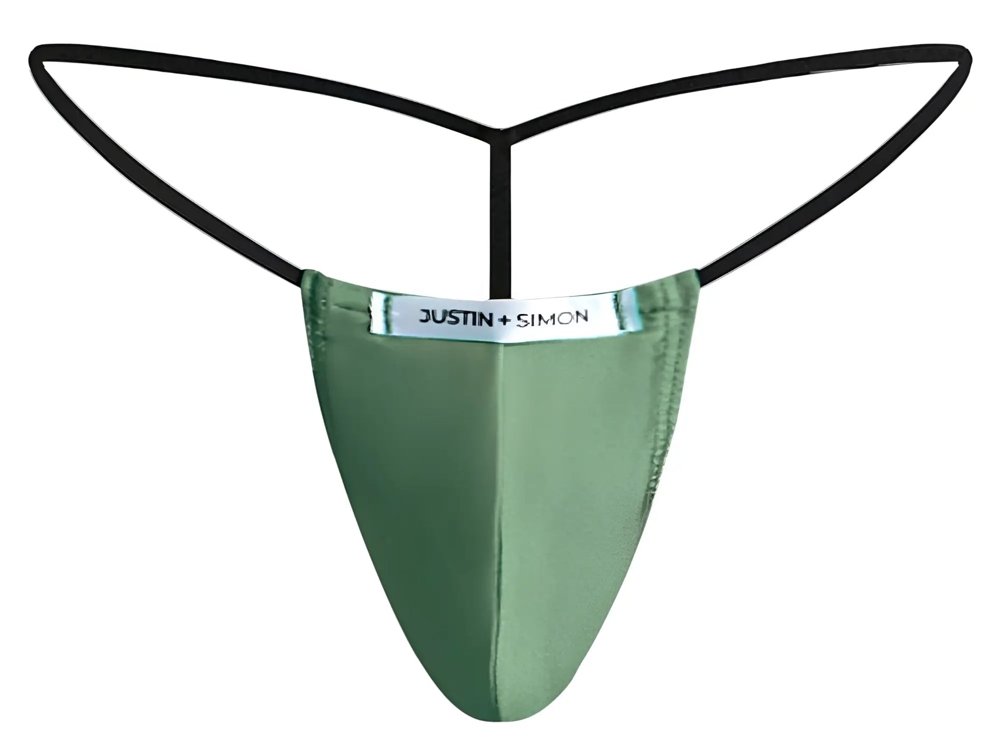 Green satin thong with black elastic straps and justin simon brand label in classic g string style new green color