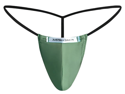 Green satin thong with black elastic straps and justin simon brand label in classic g string style new green color