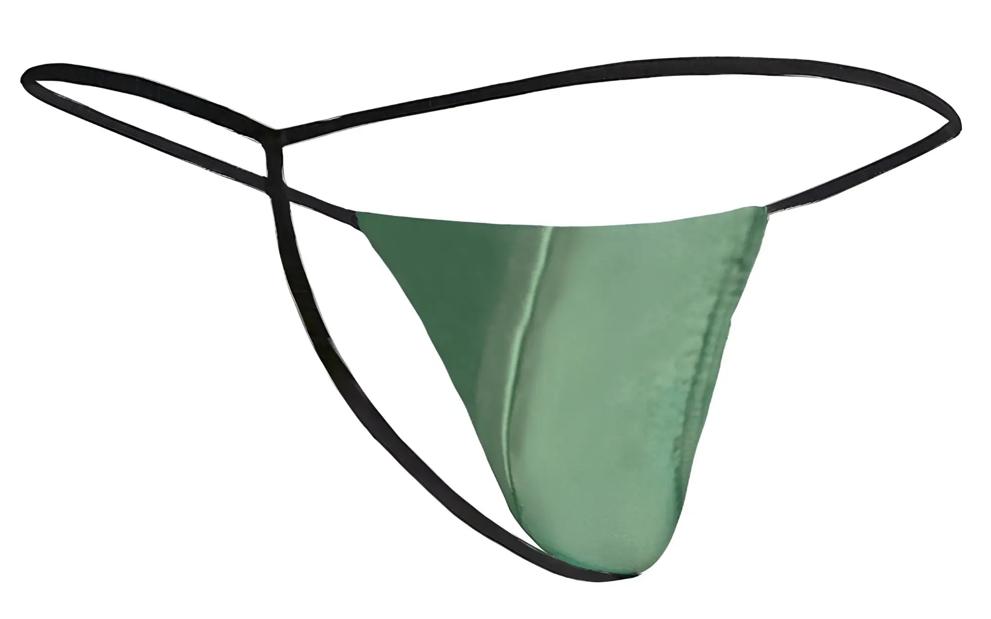 Green satin thong with black elastic straps from Justin Simon classic G string collection in new green color shown from the back
