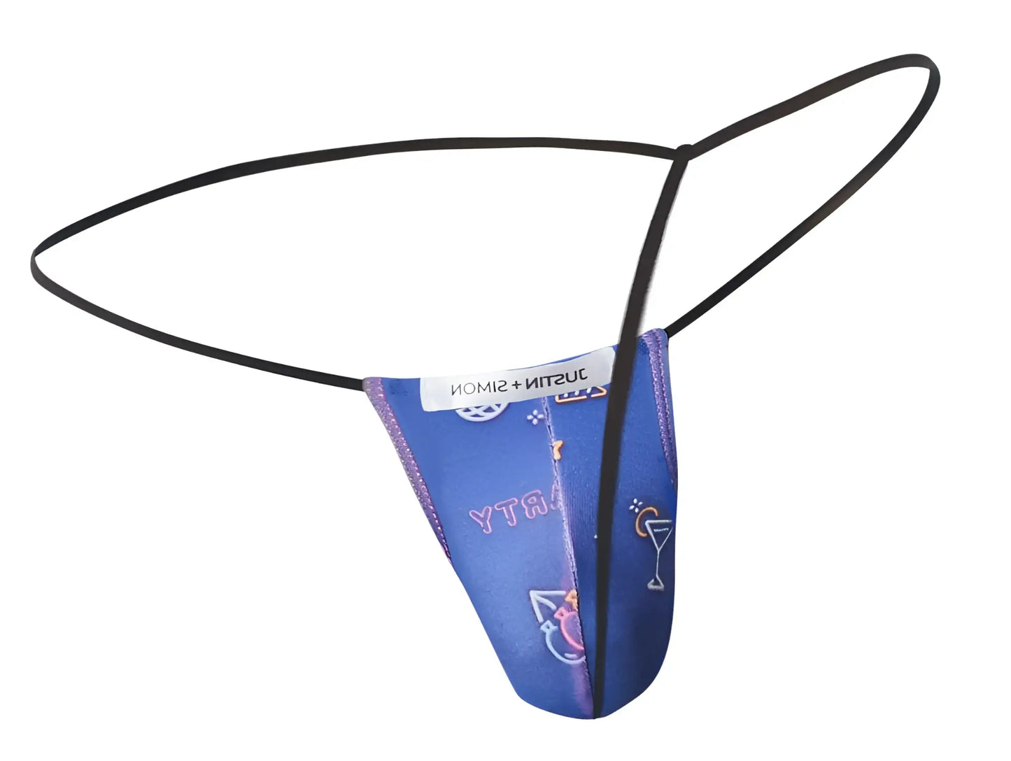 Blue patterned classic g-string thong with black elastic straps and justin simon label for party wear