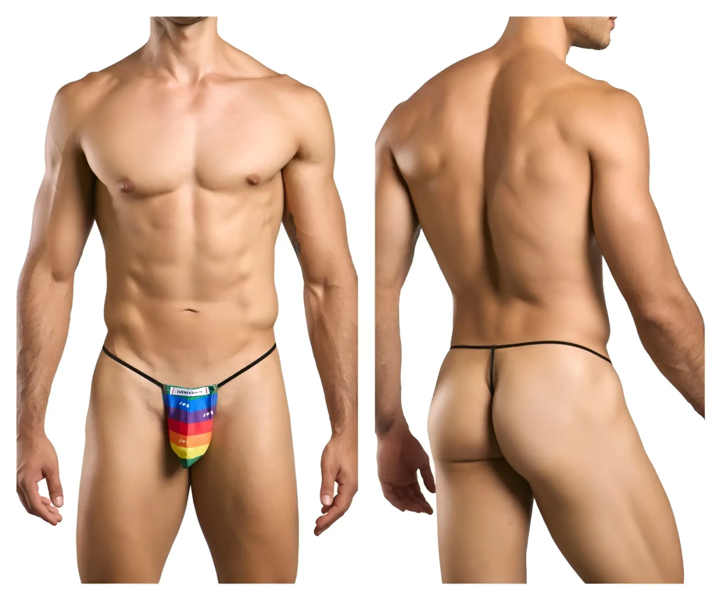 Rainbow-striped thong with black elastic waistband and leg straps from JUSTIN+SIMON XSJ02 Classic G-String Color Pride Flag