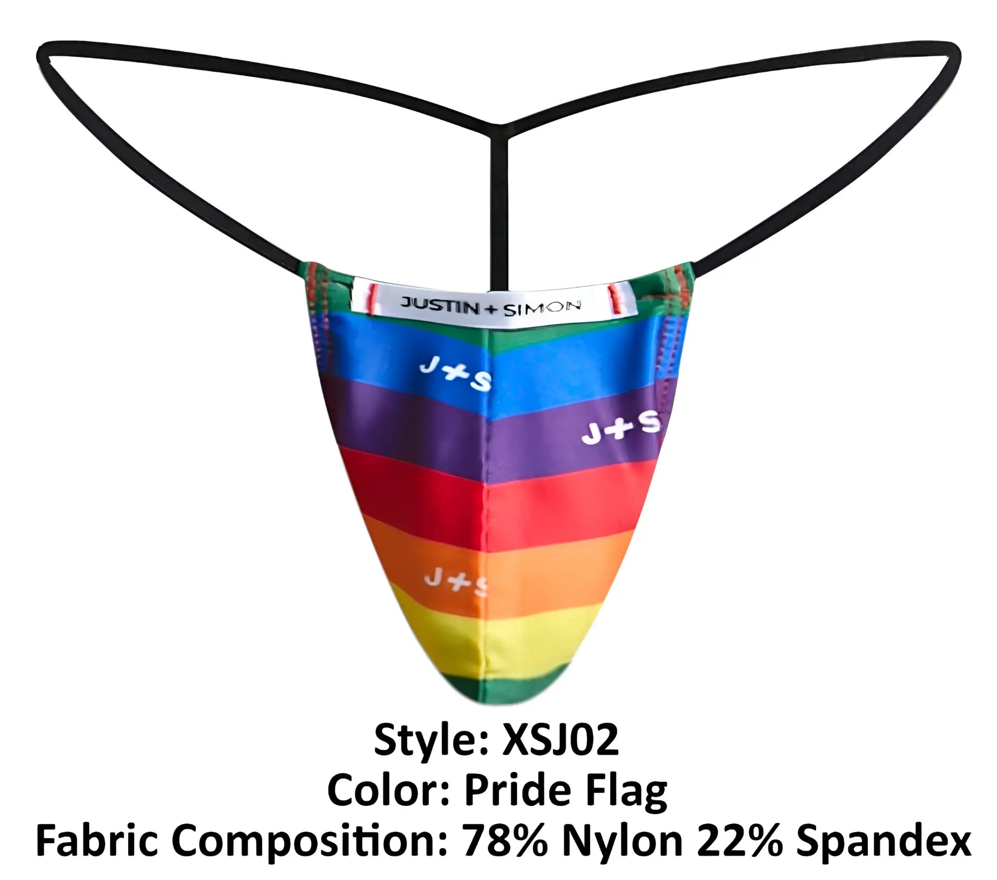 Rainbow-striped pride flag thong with black elastic straps and justin simon logo classic g-string shown from back