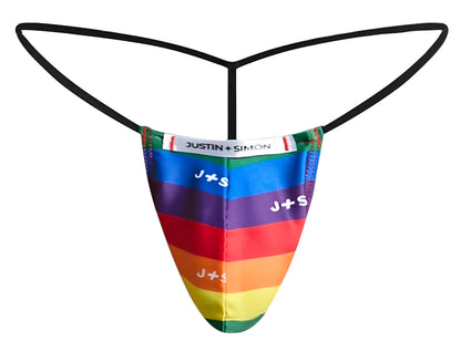 Rainbow-striped thong with black elastic straps and justin simon branding from justin simon xsj02 classic g-string color pride flag