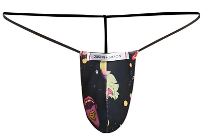 Black justin simon thong g-string with vibrant cartoon graphic of pink lips yellow hair and celestial elements on dark background