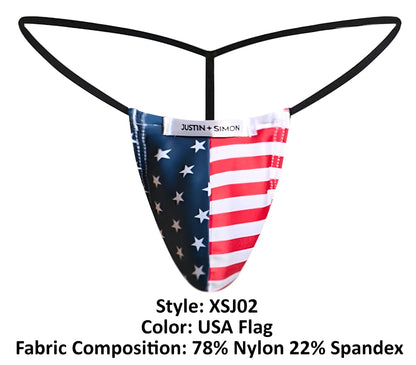 Justin simon xsj02 classic g-string thong in stretchy nylon spandex with usa flag stripes and stars on the left side