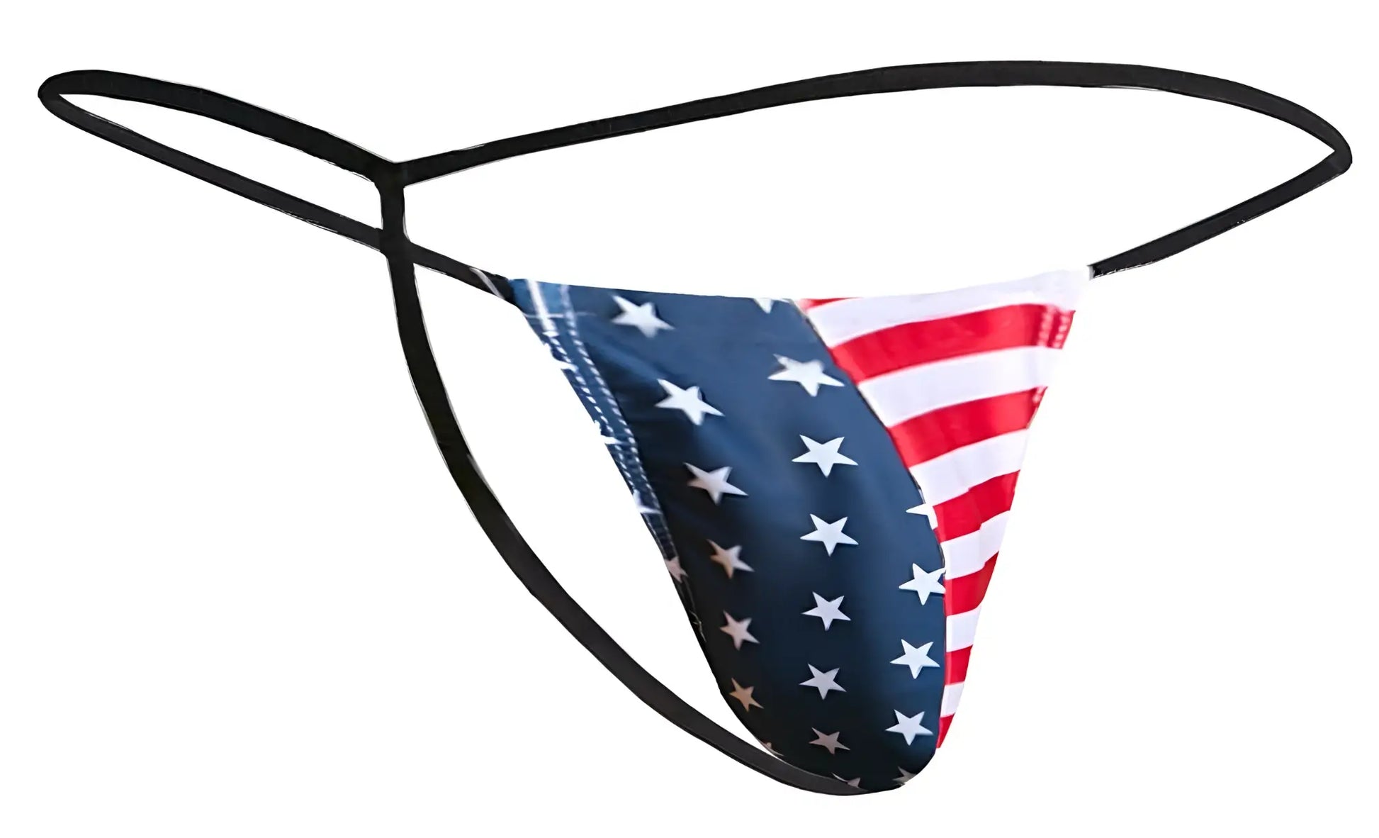 Black thong classic g-string with american flag design by justin simon in usa flag colors shown from the back side