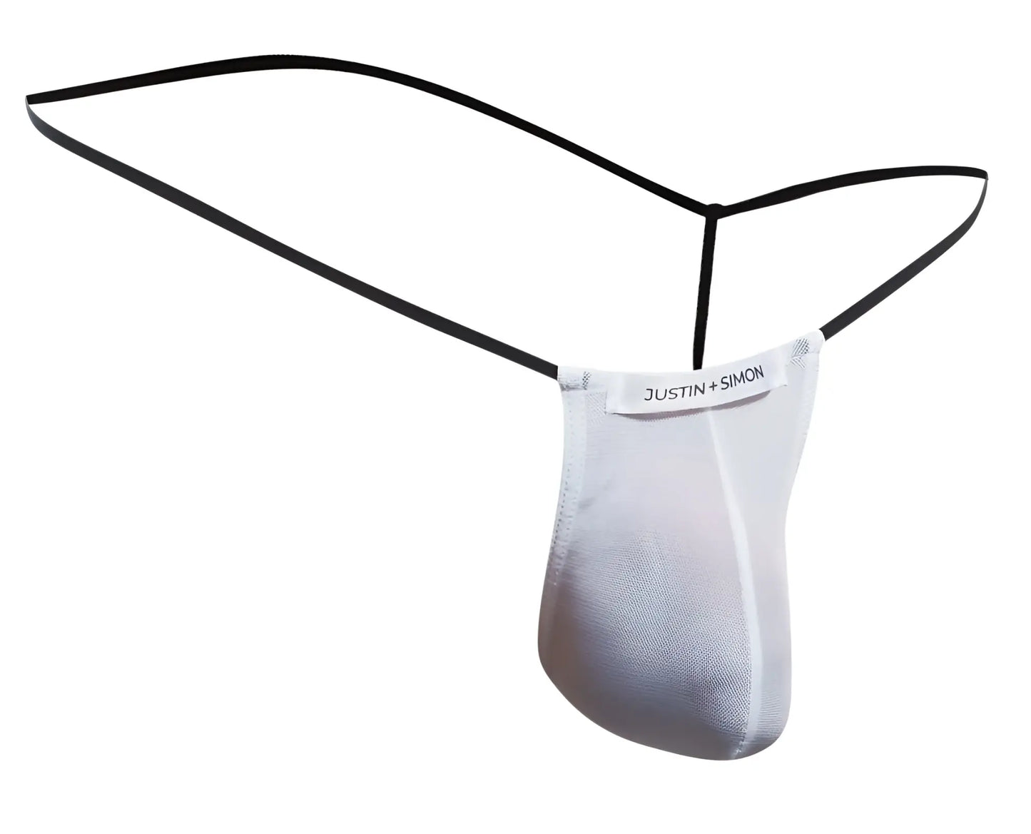 Black and silver classic g-string thong in white mesh by justin plus simon shown from the back side