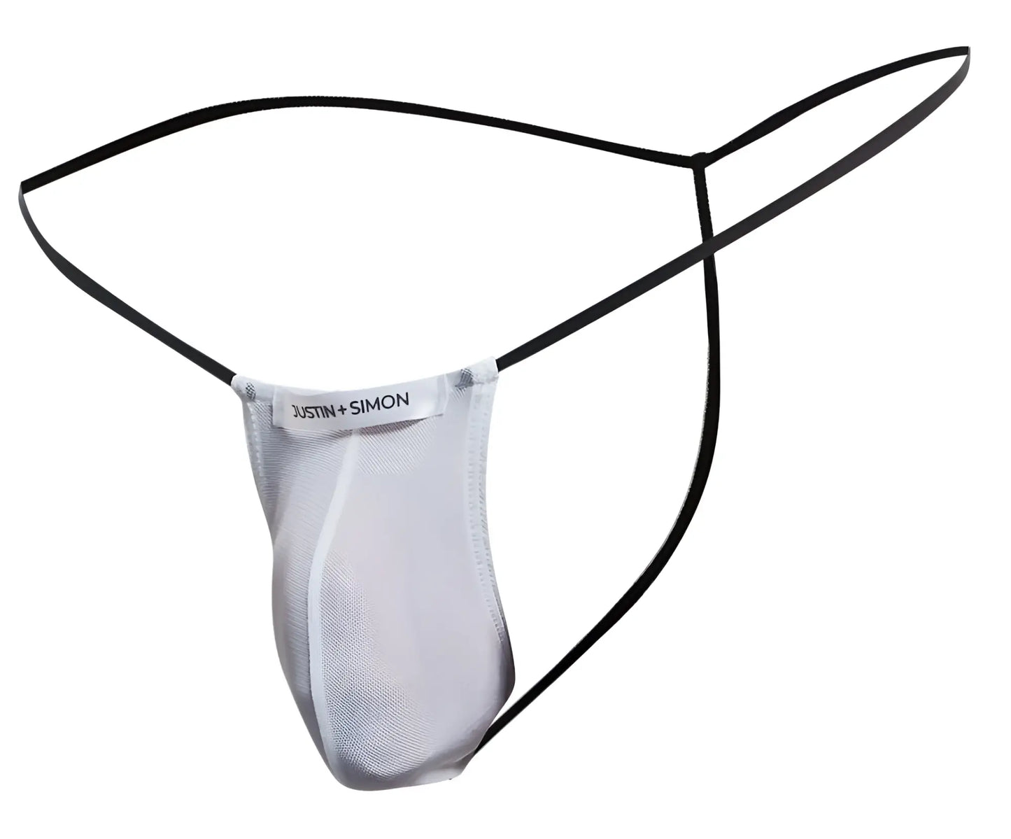 White mesh thong with black elastic straps branded justin plus simon classic g-string xsj02 front view