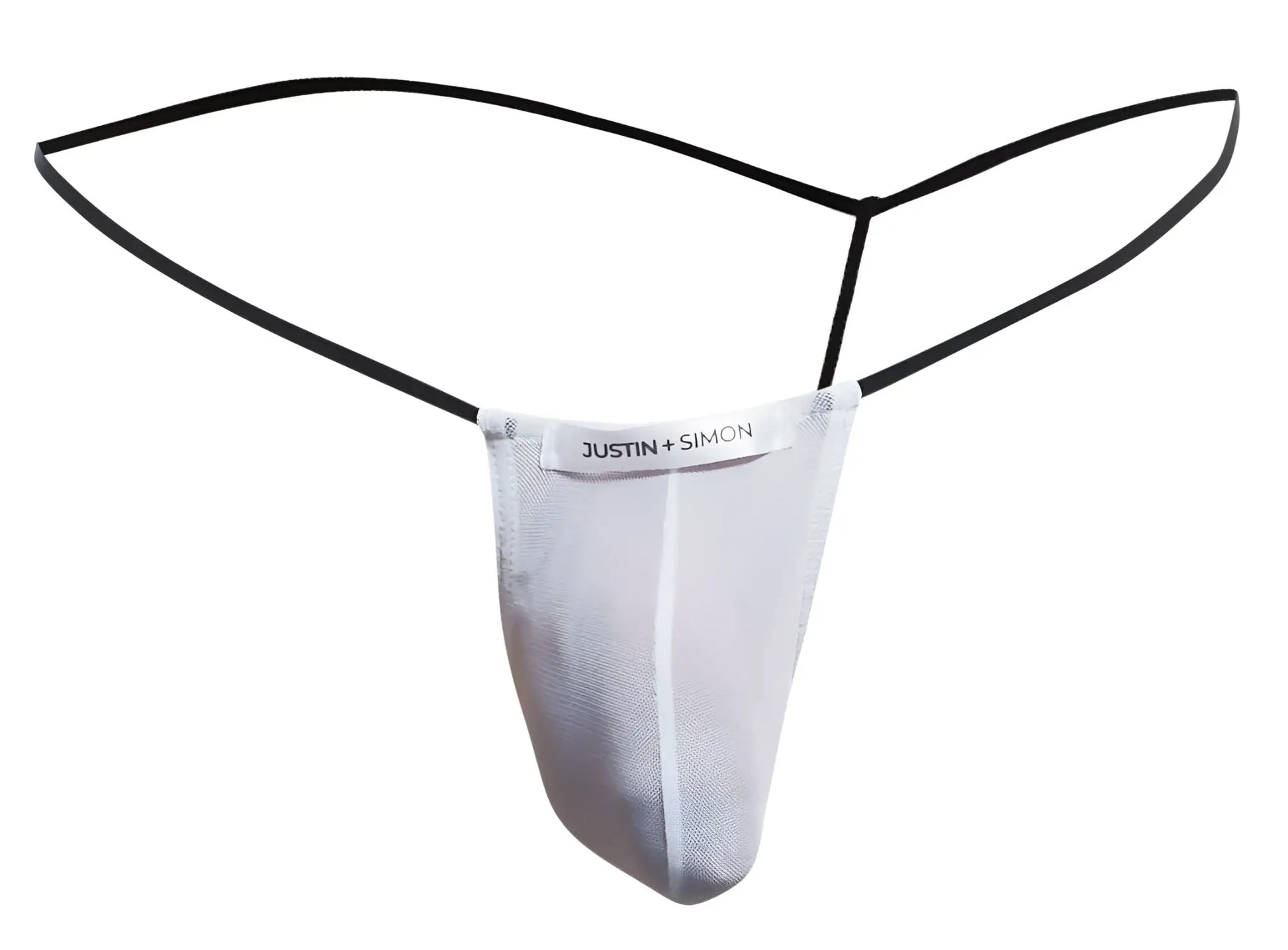 White mesh classic g-string with black elastic straps and justin + simon brand label in front view
