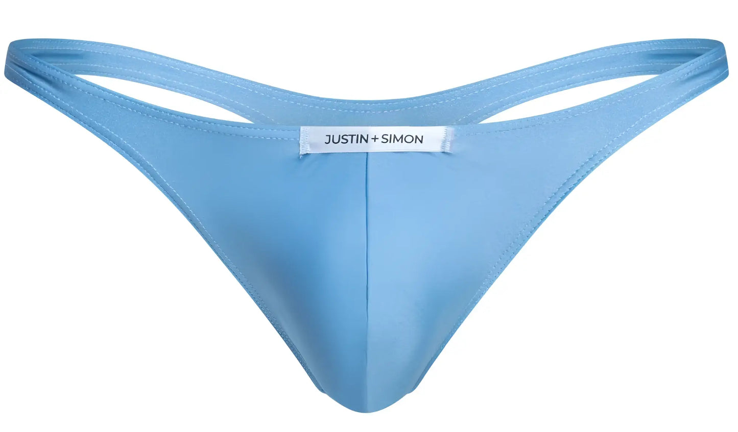 Light blue satin thong with white justin plus simon label at center back classic thongs xsj03 baby blue