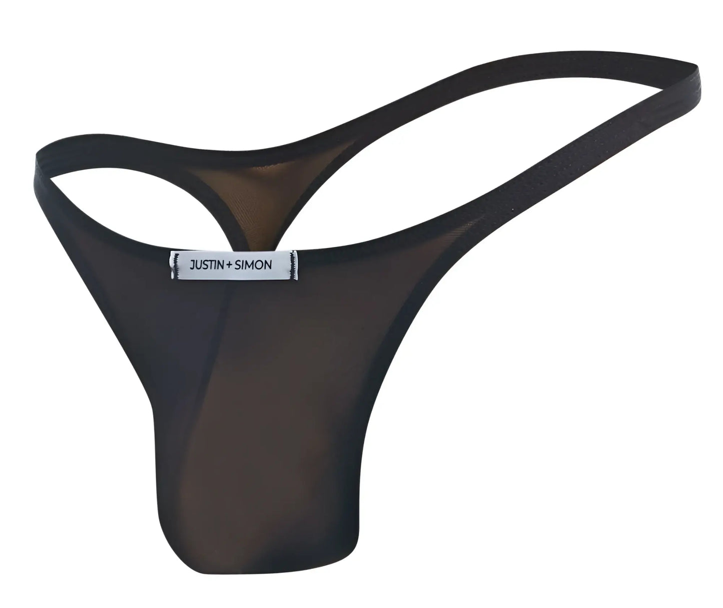 Black sheer mesh thong with justin+simon branded waistband from the classic xsj03 collection