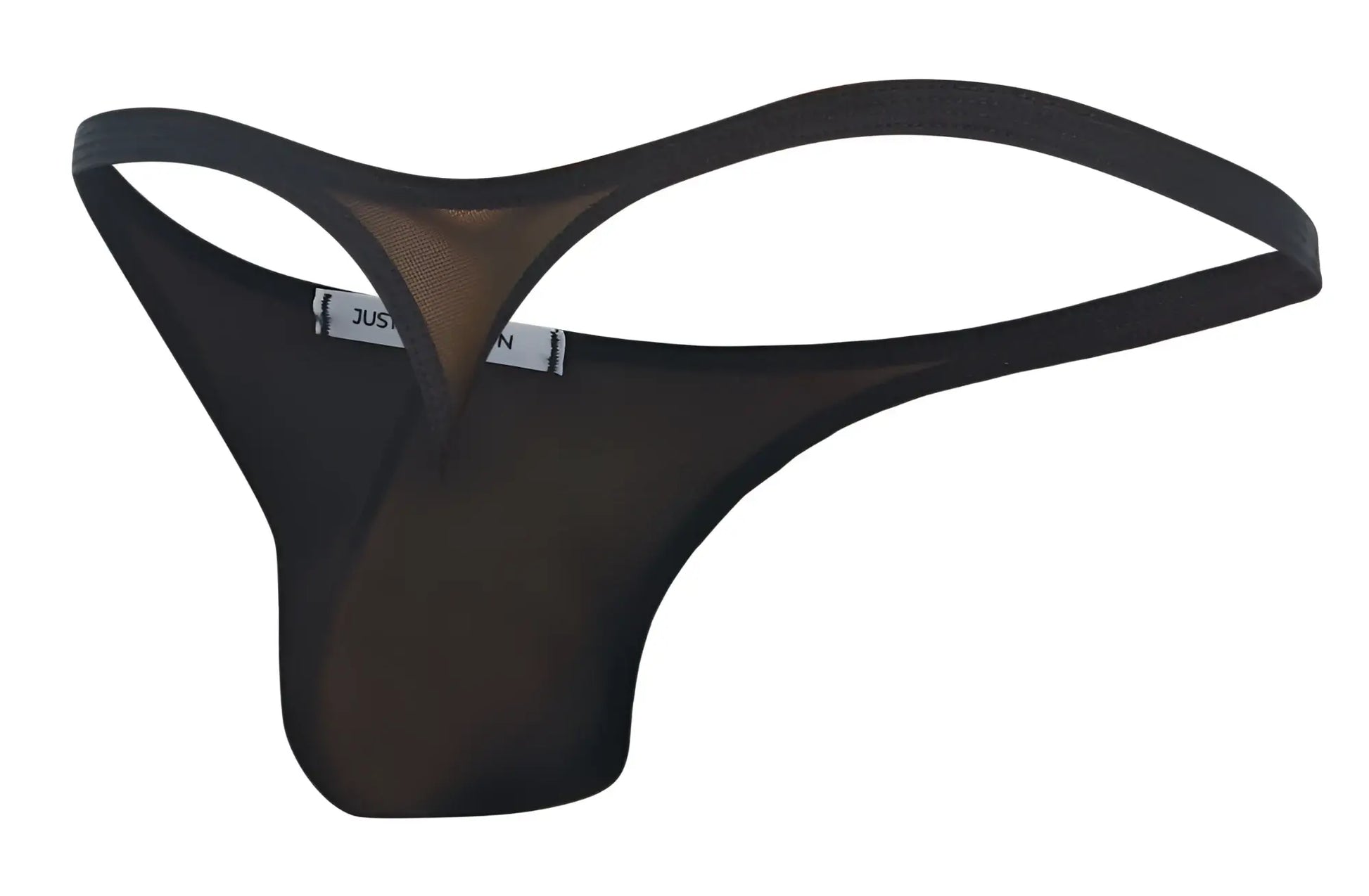 Black sheer mesh thong with thin waistband and leg openings from justin simon xsj03 classic thongs collection
