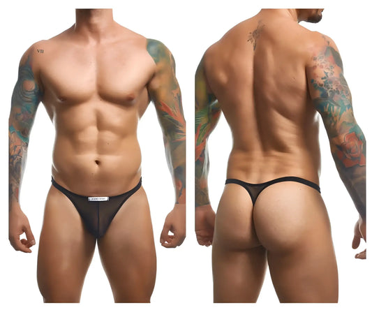 Justin simon xsj03 classic thong in black mesh with a small white label at the front for comfortable wear