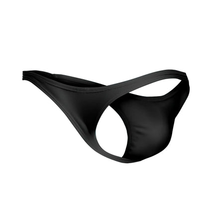 Black justin simon xsj03 classic thong made of sleek stretchy fabric with minimalist design shown from the back