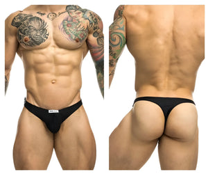 Black justin simon xsj03 classic thong with a small white label at the waistband showing the back side