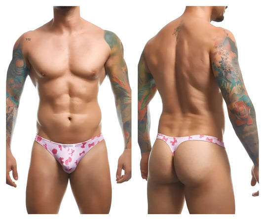 Pink patterned thong with bow and ribbon design in justin simon xsj03 classic thongs color coquette collection