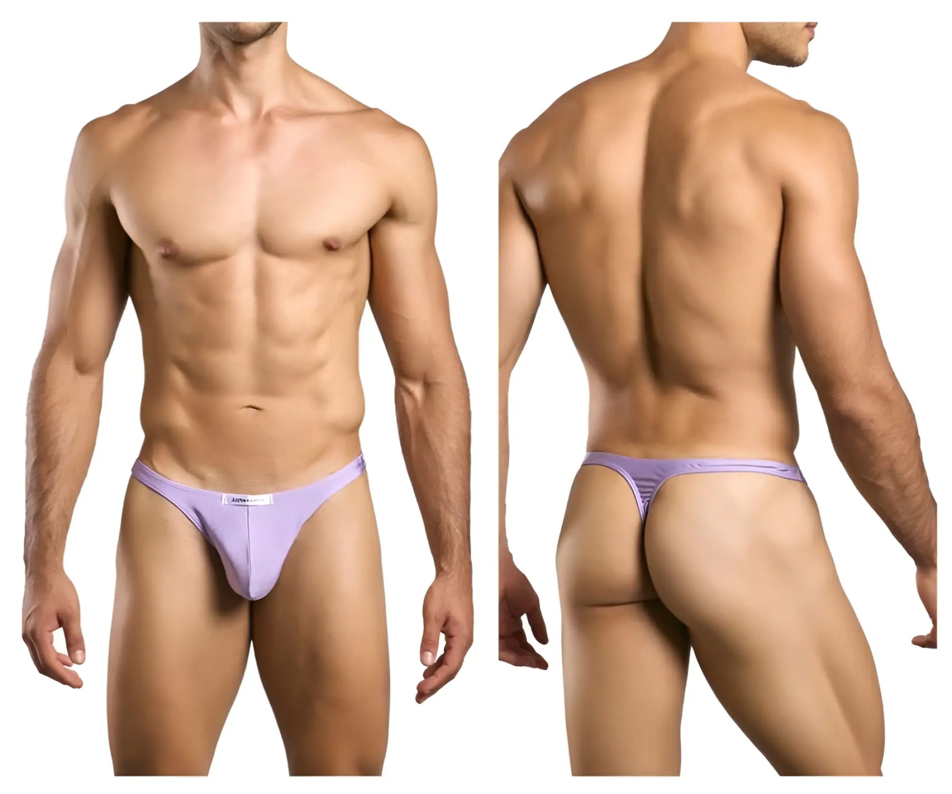 Lavender-colored justin simon xsj03 classic thong with smooth fabric and subtle striped waistband shown from the back