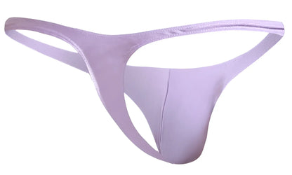 Lavender-colored justin simon classic thong made of smooth stretchy fabric with thin straps and minimalist design