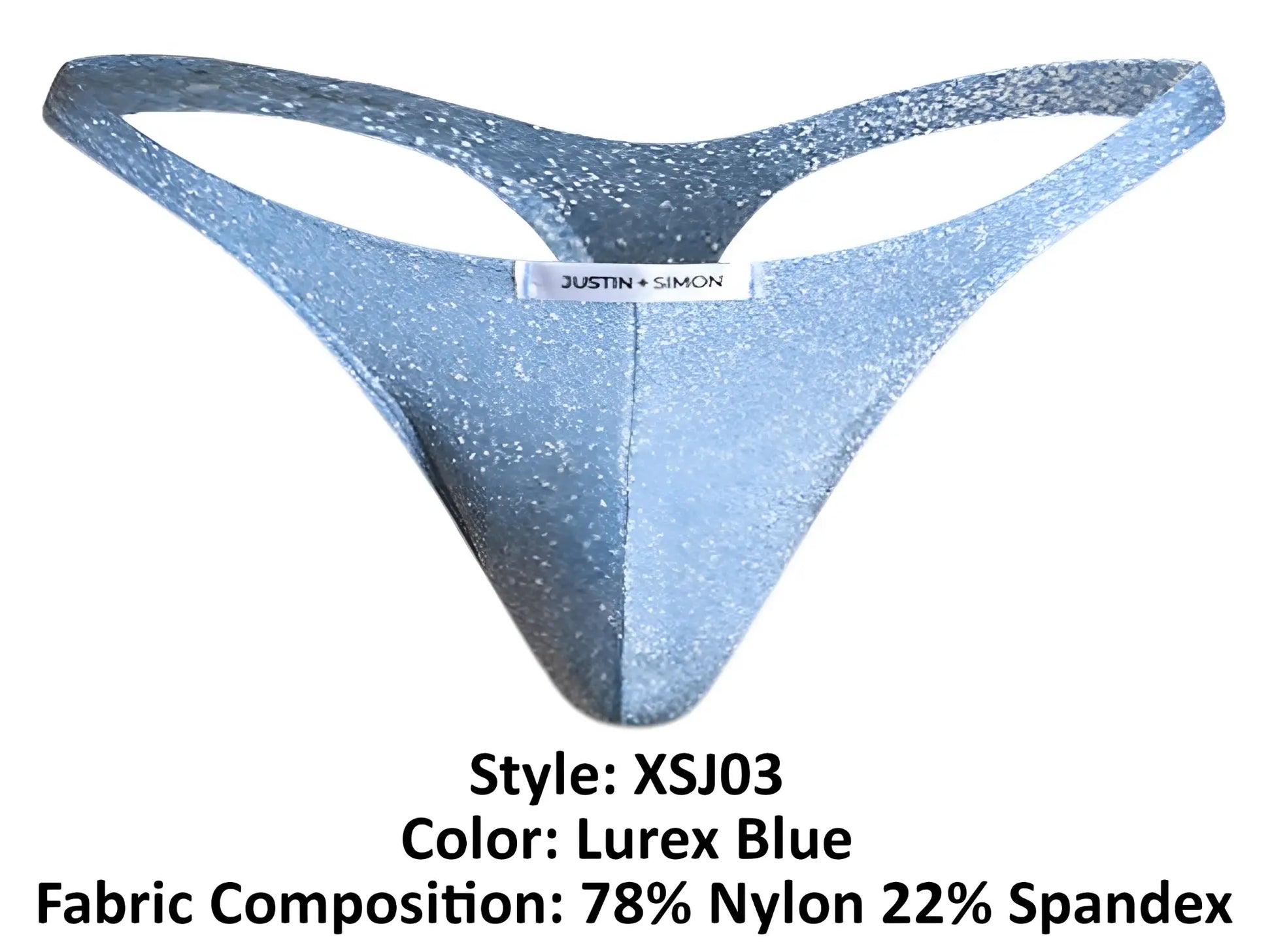 A shimmering lurex blue thong by justin simon made with 78 nylon and 22 spandex fabric blend for classic comfort