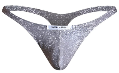Shiny silver glitter thong by justin simon in lurex gray showing classic sleek design and metallic sheen