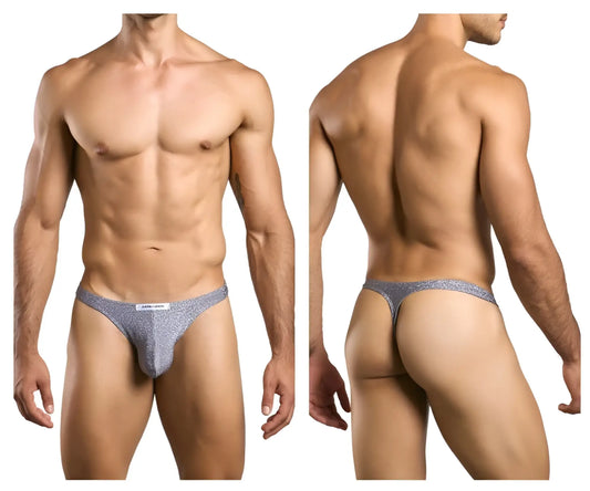Justin+Simon xsj03 classic thong in lurex gray with silver glitter texture and small white brand label at the front
