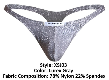 Justin + Simon xsj03 classic thong in silver glittery lurex gray fabric showing front view