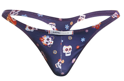 Dark blue thong with sugar skull and floral pattern featuring justin simon brand label in classic mexico design