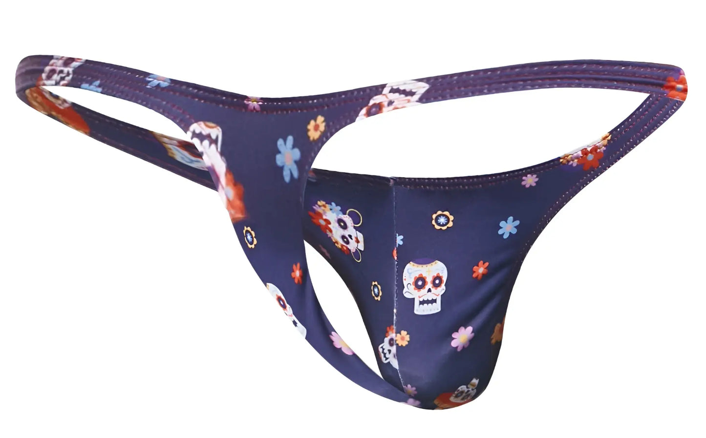 Navy blue thong with vibrant colorful sugar skull and floral pattern from justin simon xsj03 classic thongs mexico