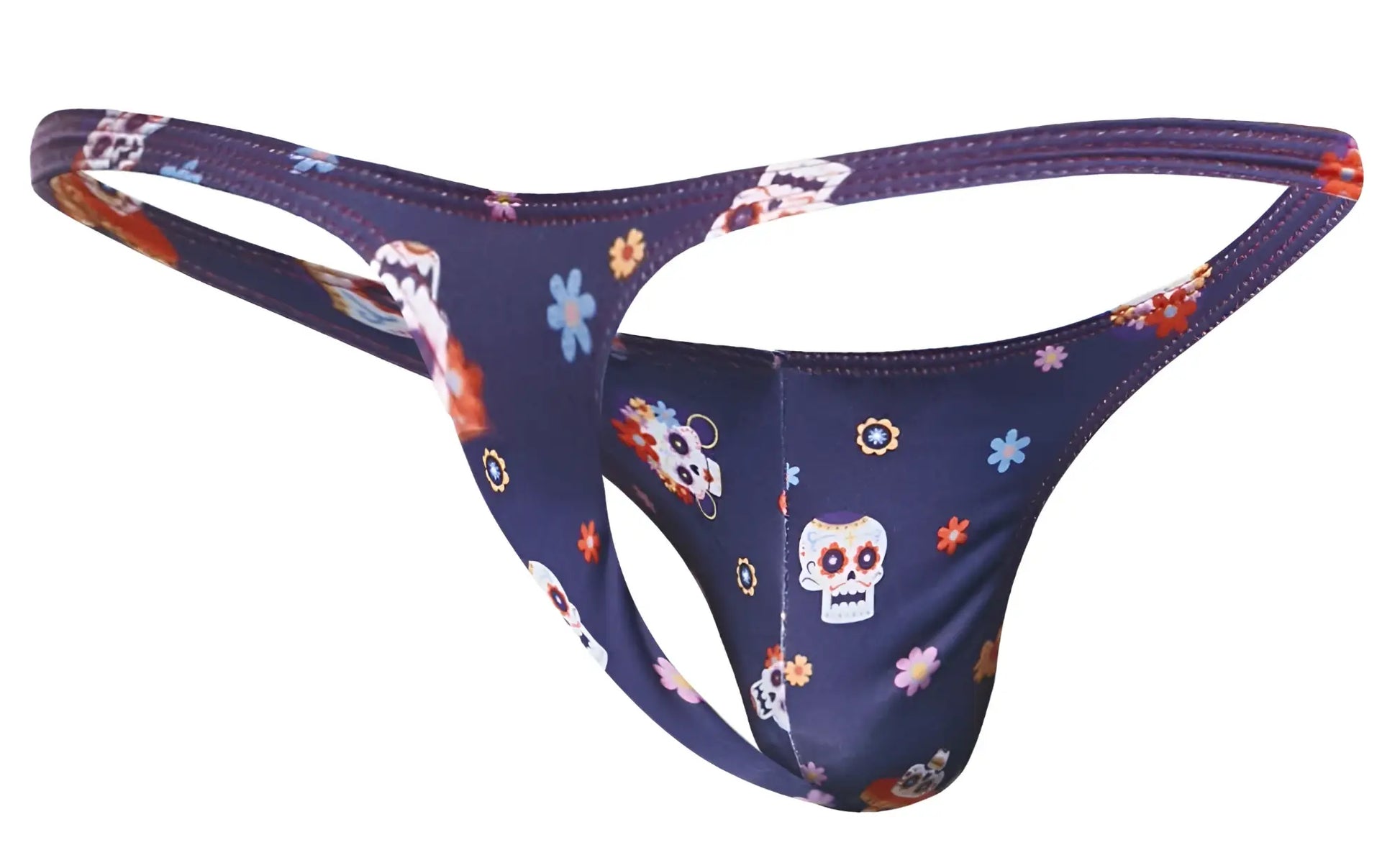 Navy blue thong with vibrant colorful sugar skull and floral pattern from justin simon xsj03 classic thongs mexico