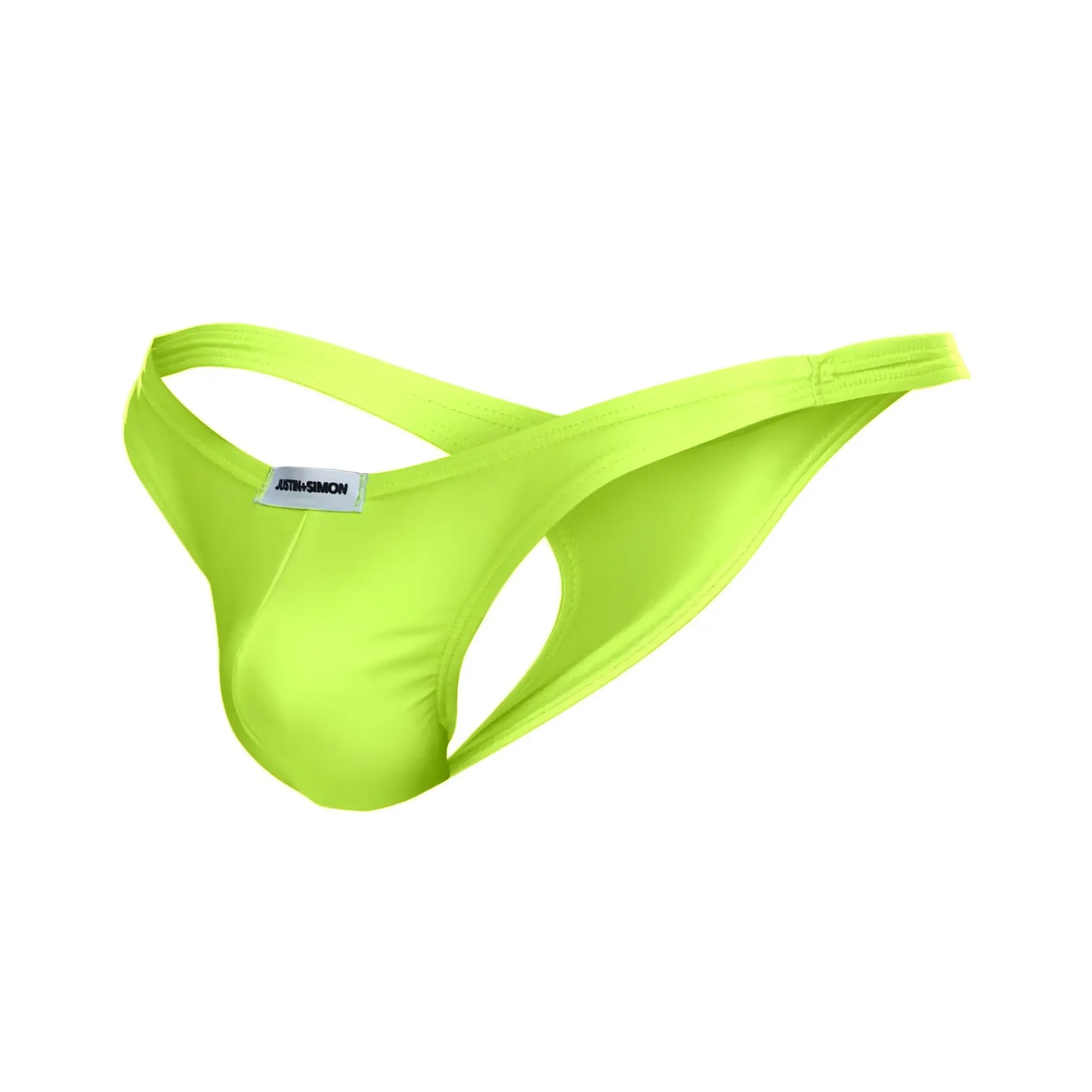 Bright neon green justin simon xsj03 classic thong made of smooth stretchy fabric with a minimalist design and brand tag