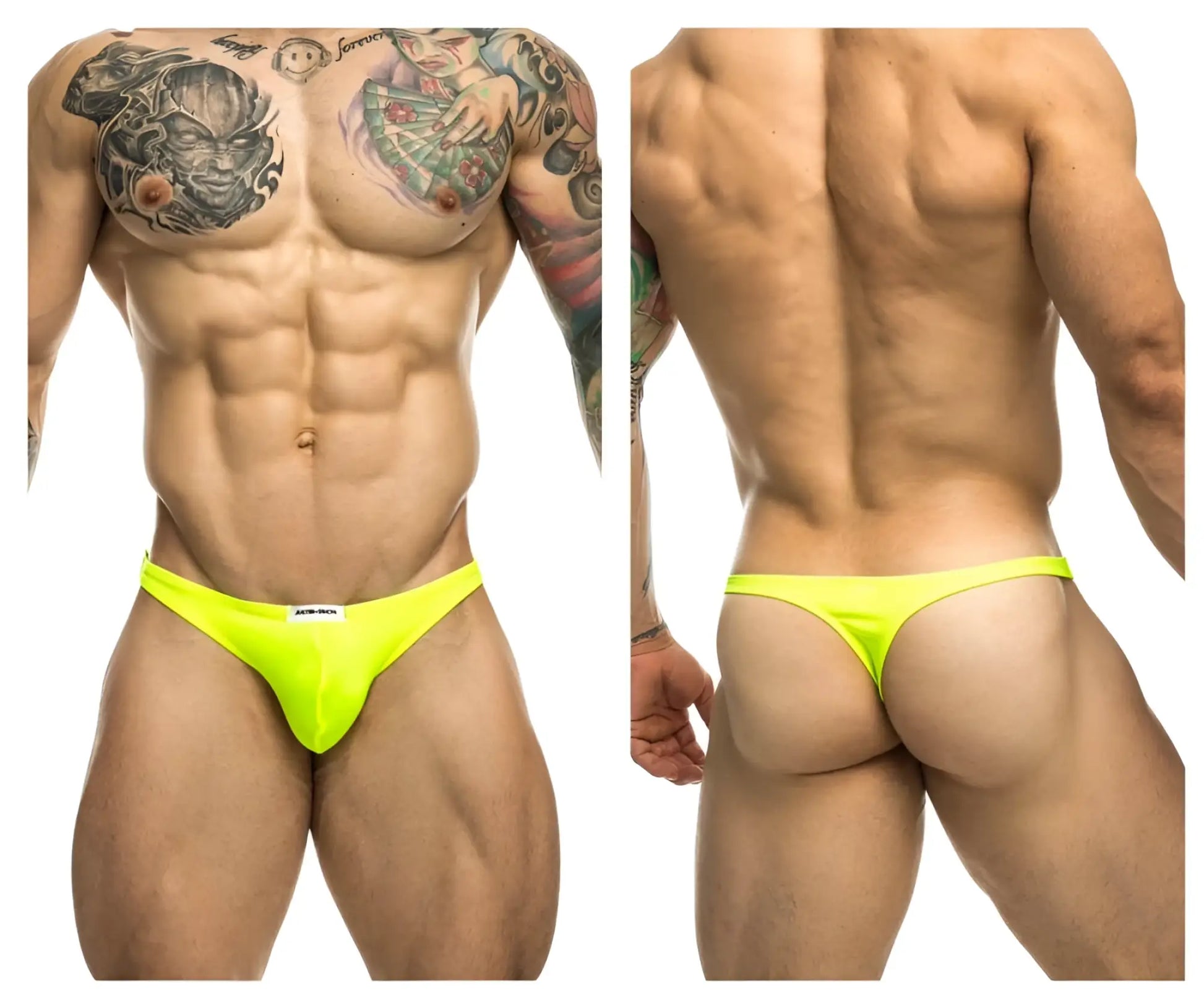 Neon yellow low-rise athletic briefs with small brand logo from justin simon xsj03 classic thongs collection