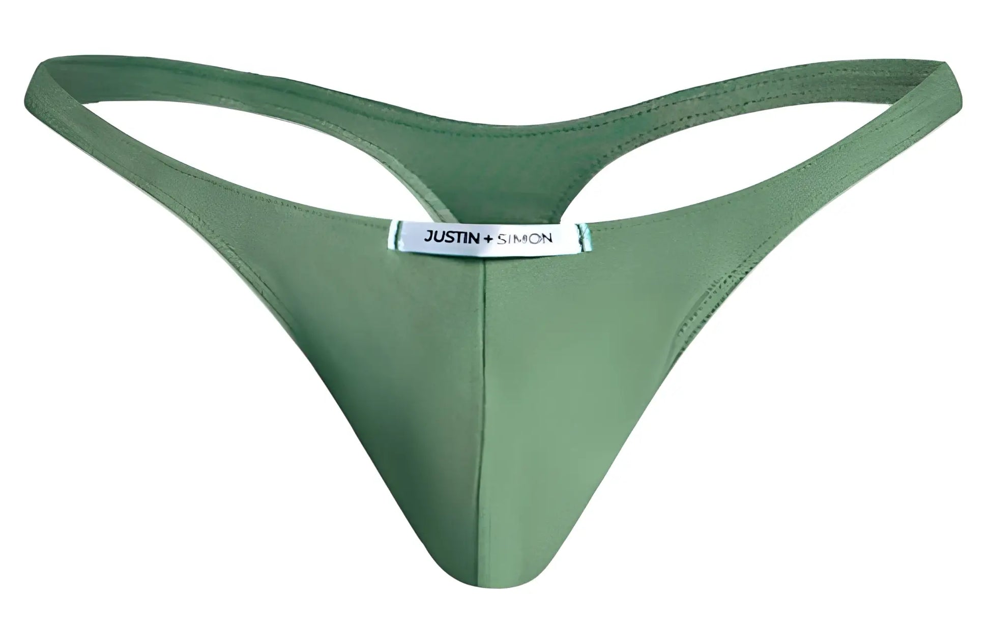 Olive green justin simon thong in smooth stretchy fabric with minimalist design and brand label at the back