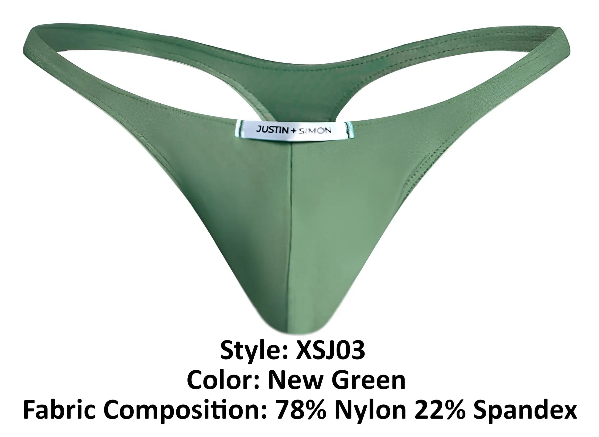 Olive green justin simon xsj03 classic thong in sleek form fitting design made of 78 nylon 22 spandex showing back side