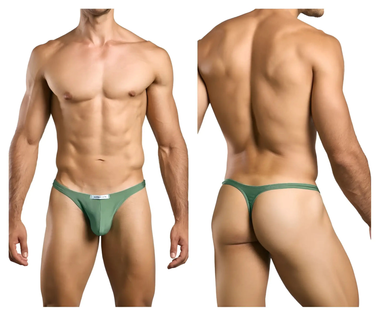 Green justin simon classic thong with form fitting design and small white label at the front in XSJ03 style